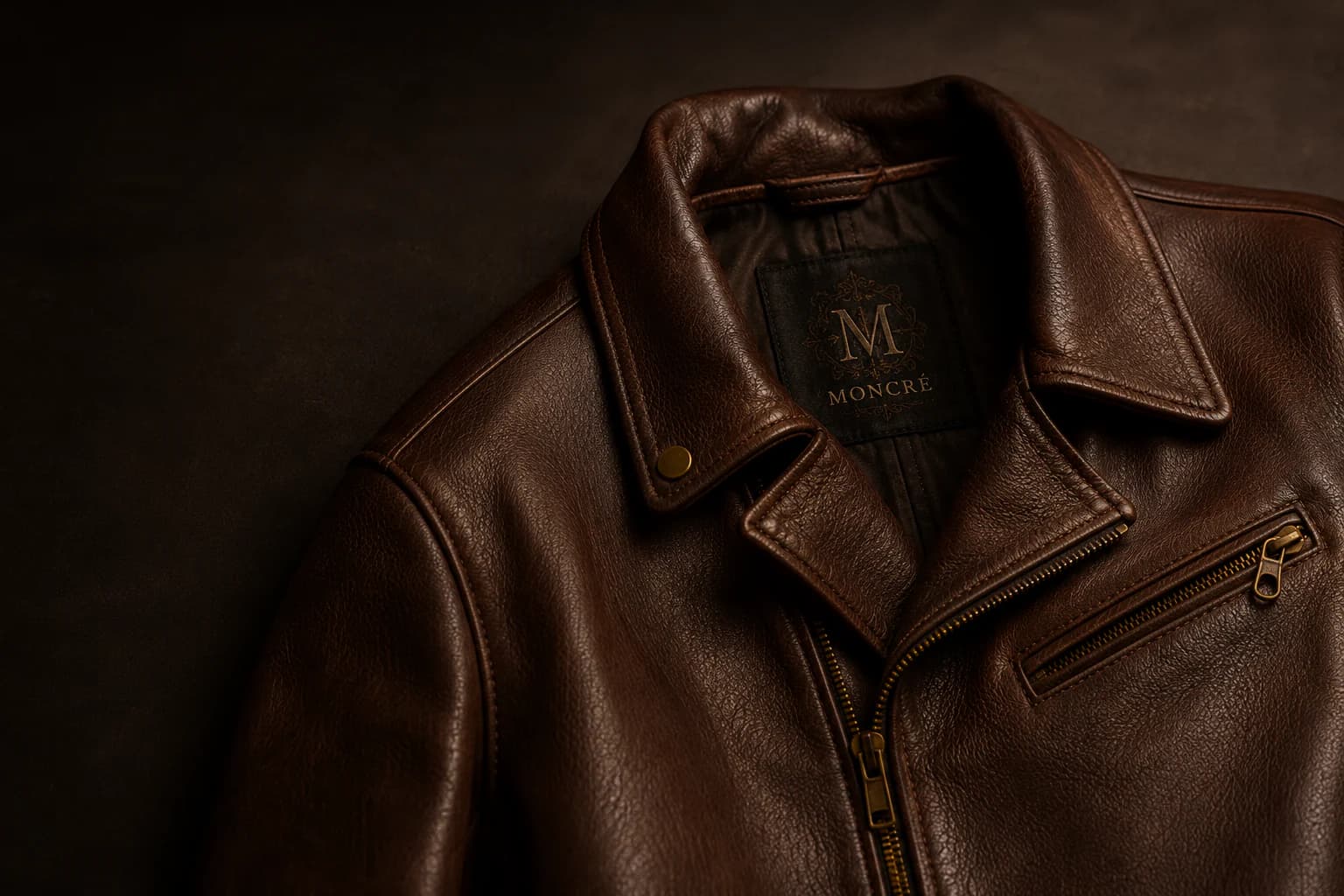 Campera de cuero marrón con costuras a la vista y herrajes de latón